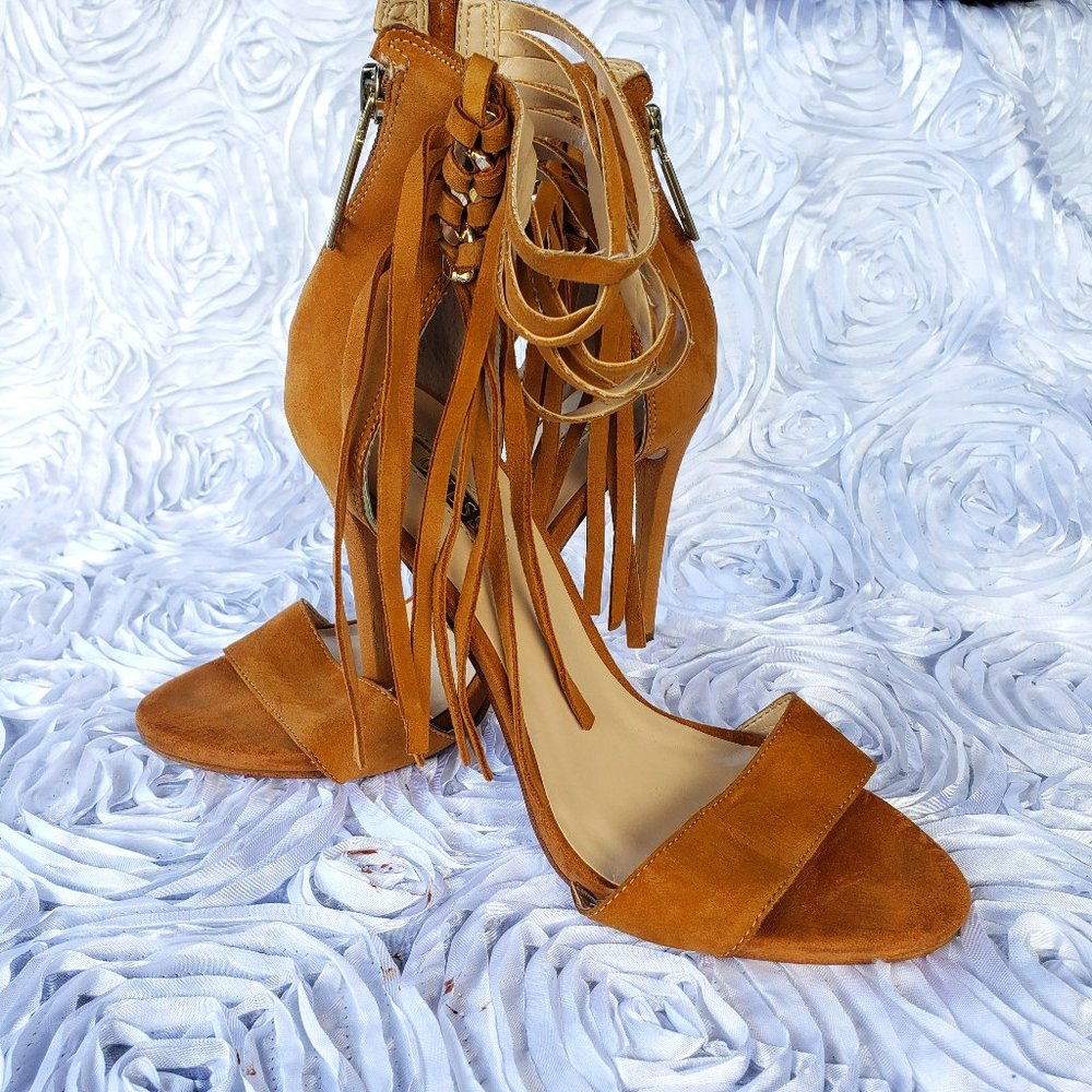 Guess Strappy Heels Braided Fringe Zipper Stilettos Suede Shoes Womens Size 7 M.